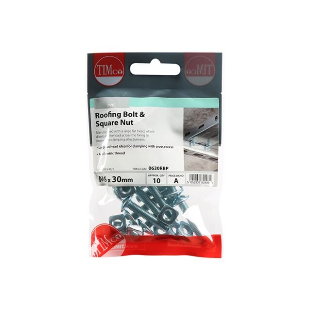 TIMPAC ROOFING BOLTS M6 X 30 (PACK OF 10) C/W SQUARE NUTS