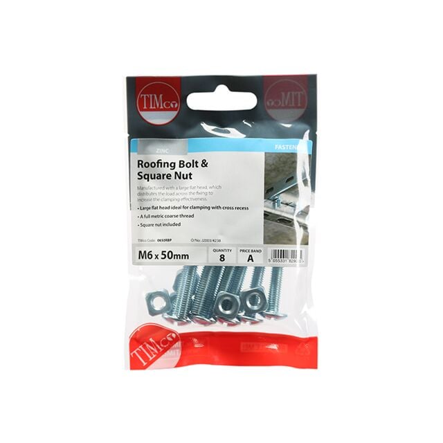 TIMPAC ROOFING BOLTS M6 X 50 (PACK OF 8) C/W SQUARE NUTS