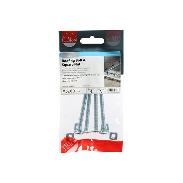 TIMPAC ROOFING BOLTS M6 X 80 (PACK OF 4) C/W SQUARE NUTS