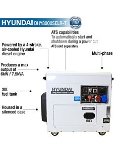 Hyundai Multi-phase Generator 6kW/7.5kVA Diesel Long Run